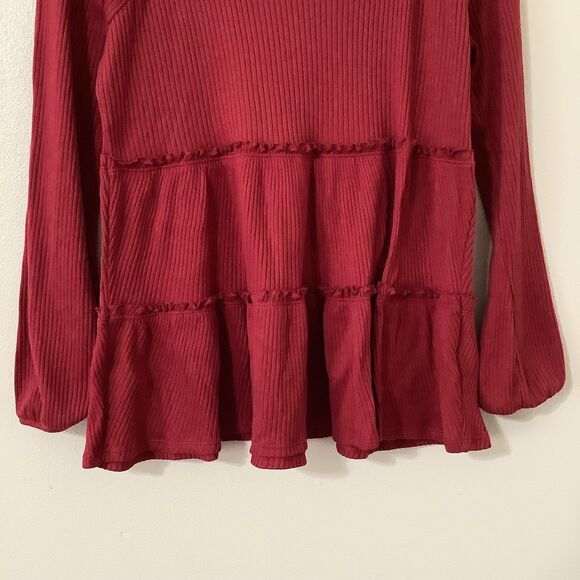 Red Ribbed Layered Ruffle Feminine Cozy Casual Autumn Fall Long Sleeve Top L - Picture 3 of 9